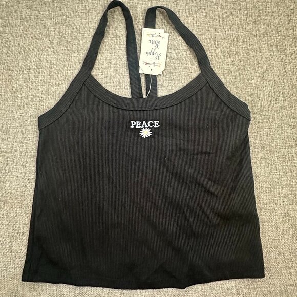 NEW! Hippie Rose Juniors Tank Top Black Embroidered Peace Flower Large Cotton Bl - Picture 2 of 8